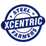 Logo of Xcentric, with the words 'Steel Farmers' as an slogan. Everything together in a circle like an stamp, with the letters in blue. It is a button with a link to the home of the website.